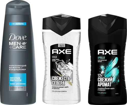 Набор 3 в 1 Шампунь Dove Men+care Против перхоти + Гель для душа AXE Свежесть севера, Gold, горные вершины + Гель для душа Свежий аромат, Apollo, кедр и мускатный шалфей
