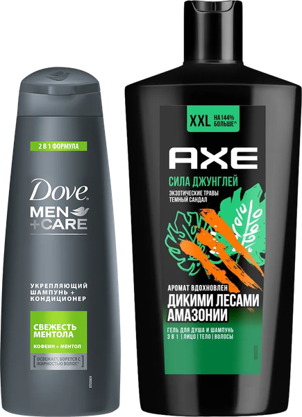 Набор 2 в 1 Шампунь Dove Men+care Укрепляющий, свежесть ментола + Гель для душа AXE Сила джунглей, экзотические травы, темный сандал