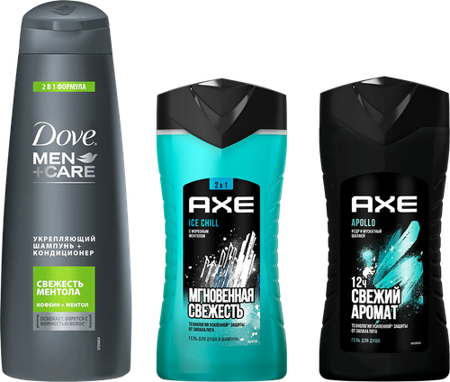 Набор 3 в 1 Шампунь Dove Men+care Укрепляющий, свежесть ментола + Гель для душа AXE Свежий аромат, Apollo, кедр и мускатный шалфей + Гель для душа Мгновенная свежесть, Ice chill, с морозный ментол
