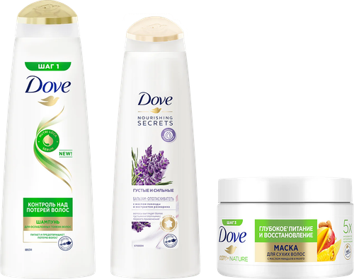 Набор 3 в 1 Шампунь Dove Hair therapy Контроль над потерей волос + Бальзам Nourishing secrets Густые и сильные Лаванда и розмарин + Маска Глубокое питание и восстановление
