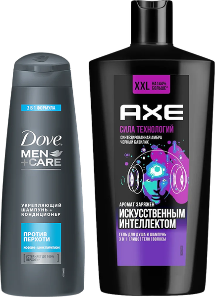 Набор 2 в 1 Шампунь Dove Men+care Против перхоти + Гель для душа AXE Сила технологий, синтезированная амбра, черный базилик