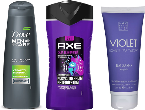 Набор 3 в 1 Шампунь Dove Men+care Укрепляющий, свежесть ментола + Гель для душа AXE Сила технологий, синтезированная амбра, черный базилик + Кондиционер MARIO FISSI 1937 Funzionale Violet Pigment