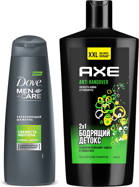 Набор 2 в 1 Шампунь Dove Men+care Укрепляющий, свежесть ментола + Гель для душа AXE Бодрящий детокс, Anti hangover, свежесть лайма и грейпфрута