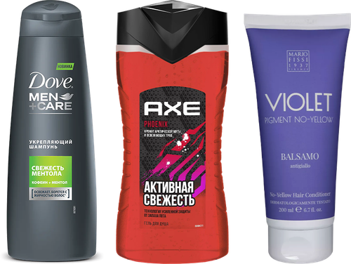 Набор 3 в 1 Шампунь Dove Men+care Укрепляющий, свежесть ментола + Гель для душа AXE Активная свежесть, Phoenix, арктическая мята и освежающие травы + Кондиционер MARIO FISSI 1937 Funzionale Violet Pigment