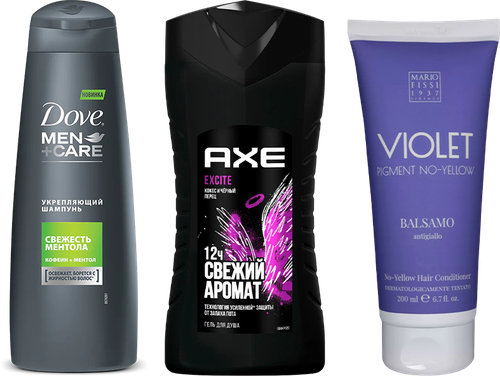 Набор 3 в 1 Шампунь Dove Men+care Укрепляющий, свежесть ментола + Гель для душа AXE Свежий аромат, Excite, кокос и черный перец + Кондиционер MARIO FISSI 1937 Funzionale Violet Pigment