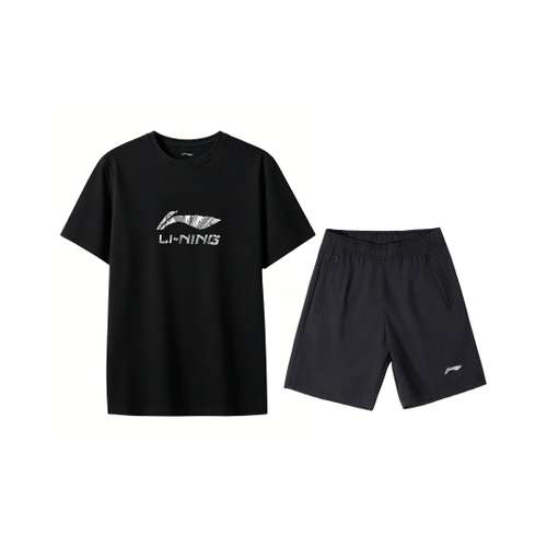 Li-Ning Летний Дышащий Круглый вырез Короткий рукав Шорты Принт с логотипом Американский уличный стиль Повседневный Модный Повседневная спортивная одежда Мужской Черный