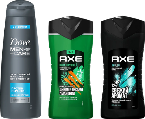 Набор 3 в 1 Шампунь Dove Men+care Против перхоти + Гель для душа AXE Сила джунглей, экзотические травы, темный сандал + Гель для душа Свежий аромат, Apollo, кедр и мускатный шалфей