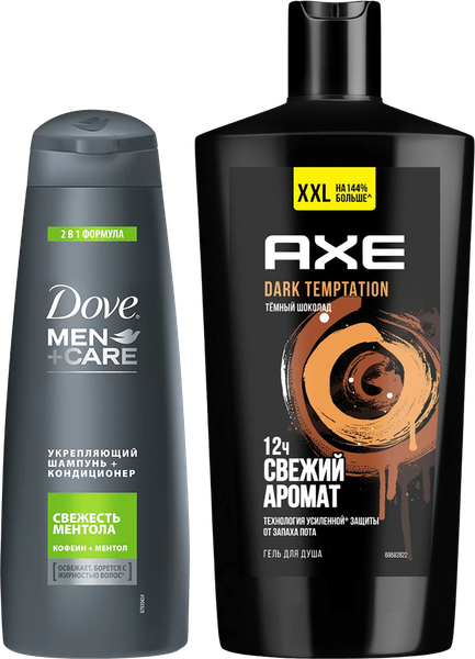 Набор 2 в 1 Шампунь Dove Men+care Укрепляющий, свежесть ментола + Гель для душа AXE Свежий аромат, Dark temptetion, темный шоколад