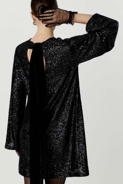 Платье мини из ткани с пайетками с бантом (черный)