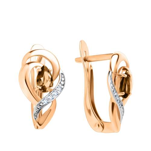 Золотые серьги с раухтопазами и фианитами