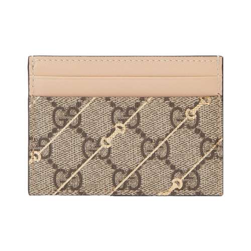 GUCCI Horsebit Застежка Холст Кожа Держатель для карт Женский Бежевый и Эбеновое дерево