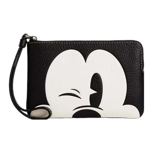 COACH Disney Corner Zip Wristlet Disney Коллаборация Сумка на запястье из галечной кожи Маленький клатч Черный Женский