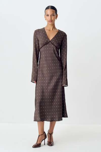 Платье с кружевом из сатина в горох (шоколадный)