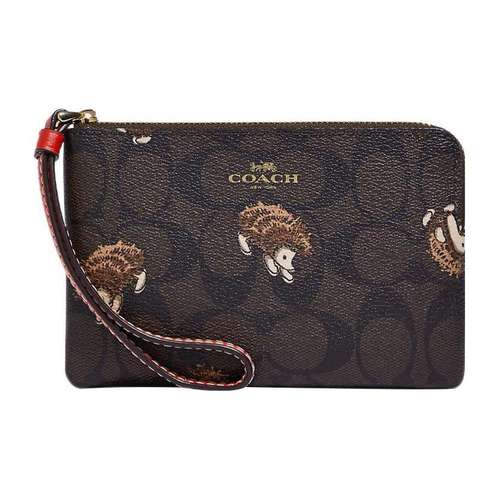 COACH Corner Zip Покрытый холст с кожаными вставками сумка-клатч на запястье маленькая женская коричневый черный