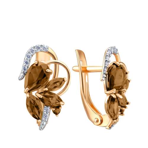 Золотые серьги с раухтопазами и фианитами