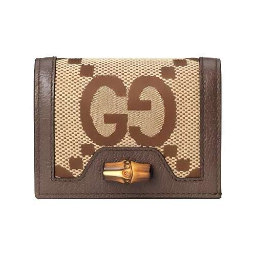 GUCCI Diana Холст с кожей Держатель для карт кошелек Женские Эбеновый Верблюжий цвет Коричневый