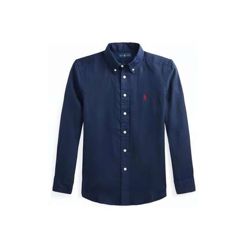Polo Ralph Lauren SS23 Однотонная Повседневная Рубашка с Логотипом Бренда Весенний Осенний для Детей Морской Синий