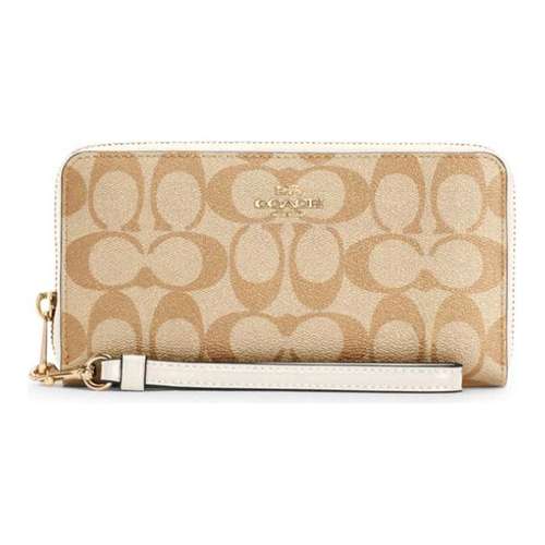 COACH Zip Around Покрытие Холст с Кожей Вставка Клатч Кошелек Женский Белый и Хаки с Монограммой