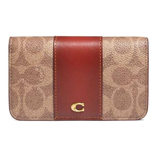 COACH Card Case Покрытие Холст Кожа Вставка Кошелек Женский Коричневый Желтый Ржавый