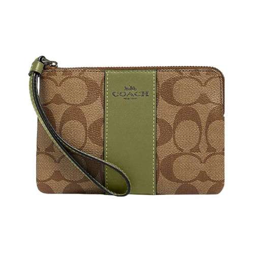 COACH Corner Zip Фирменный Покрытый холст с Саржа Кожа Клатч Обхват запястья Сумка Маленькая Женская