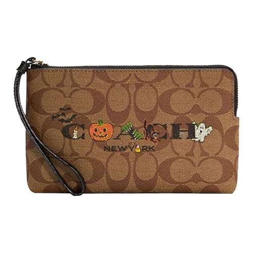 COACH Corner Zip Покрытый холст с кожаными вставками сумка-клатч на запястье маленькая женская хаки и черная