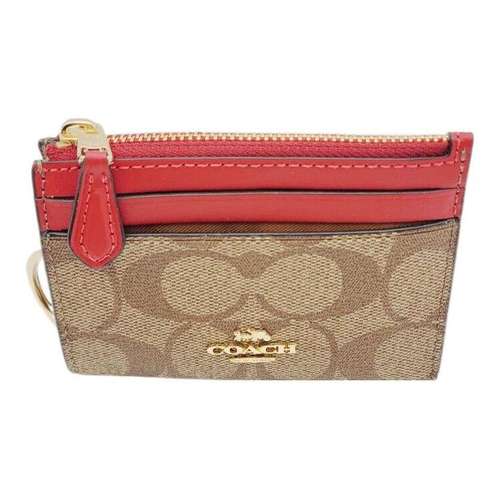 COACH Skinny Id Case Холст с кожей Кошелек Картхолдер Женский Коричневый и Красный