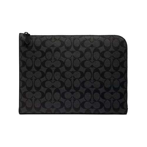 COACH L ZIP Покрытый холст с телячьей кожей сумка-портфель для ноутбука папка клатч мужской угольно-черный