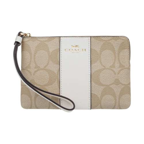 COACH Corner Zip Холст с кожей Маджонг Обхват запястья Сумка Клатч Маленький Женская Белый и Хаки