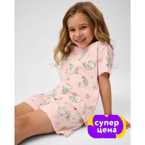 Пижама из 2-х предметов (фуфайка+шорты пижамные) для девочек:Розовый:122-128