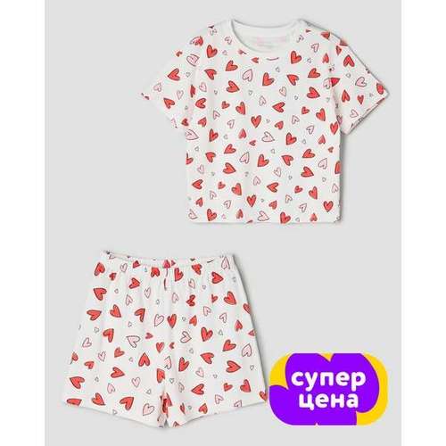 Пижама из 2-х предметов (фуфайка+шорты пижамные) для девочек:Молочный:146-152