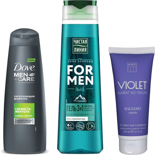 Набор 3 в 1 Шампунь Dove Men+care Укрепляющий, свежесть ментола + Гель для душа ЧИСТАЯ ЛИНИЯ For men Nord, мята и ледниковая вода + Кондиционер MARIO FISSI 1937 Funzionale Violet Pigment