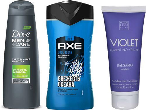 Набор 3 в 1 Шампунь Dove Men+care Укрепляющий, свежесть ментола + Гель для душа AXE Свежесть океана, Cool ocean, морские минералы с дикой мятой + Кондиционер MARIO FISSI 1937 Funzionale Violet Pigment